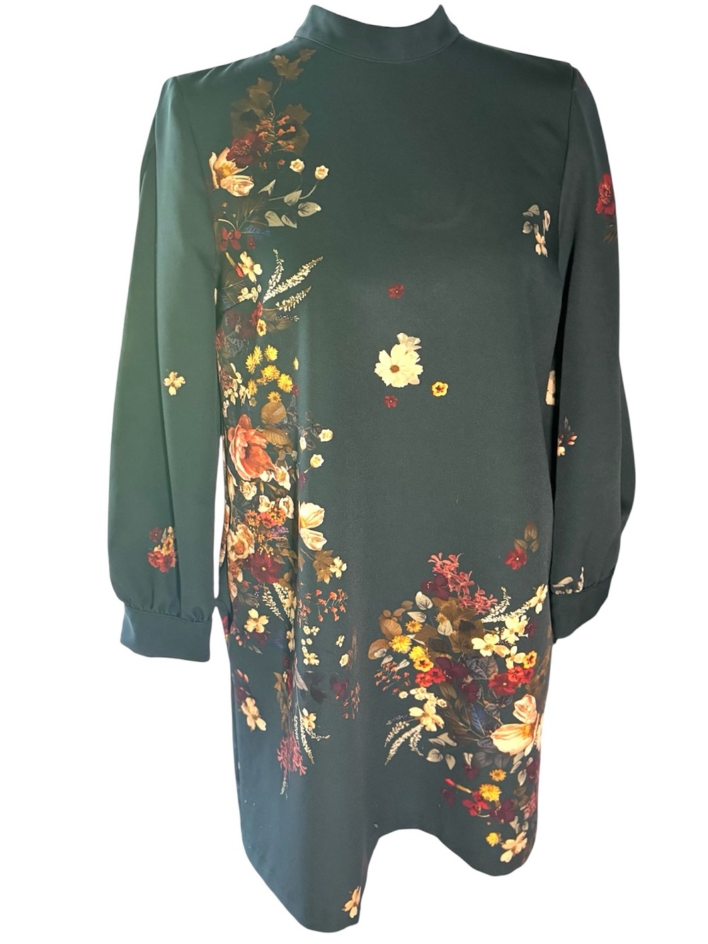 Zara Dark Green Floral Mock Neck Shift Dress | Boho Cottagecore Mini Dress